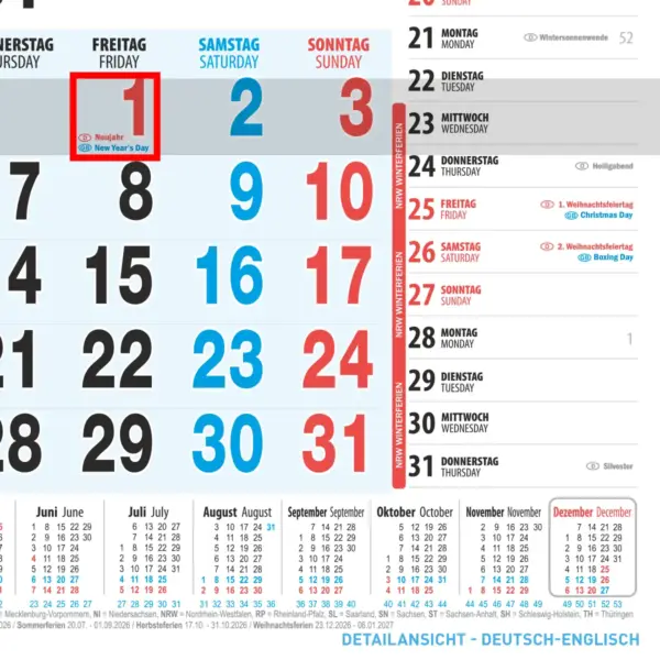 3-Monatskalender für das Jahr 2026 mit Werbedruck - Detailansicht 1 von der Version Deutsch-Englisch