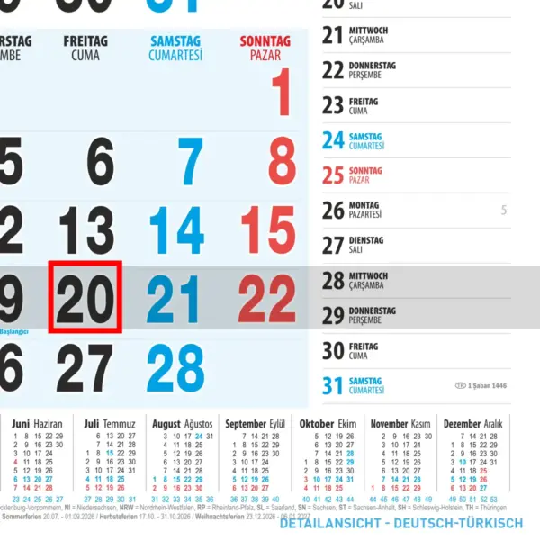 3-Monatskalender für das Jahr 2026 mit Werbedruck - Detailansicht 1 von der Version Deutsch-Türkisch