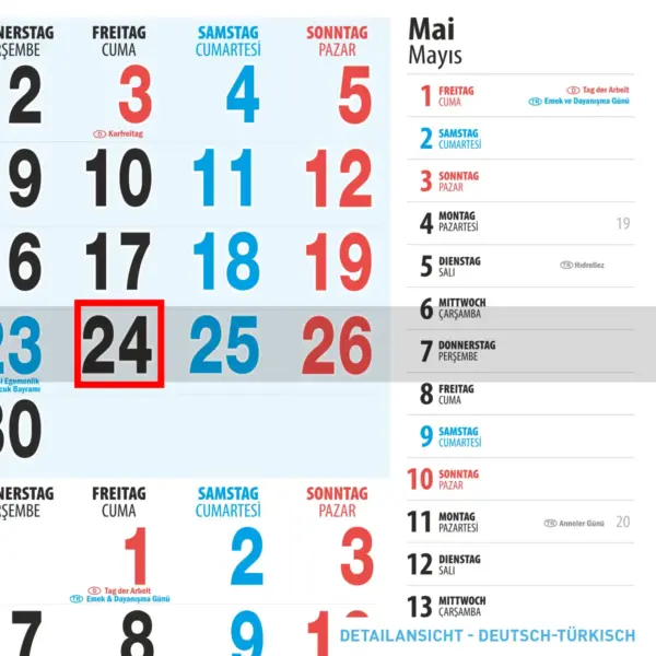 3-Monatskalender für das Jahr 2026 mit Werbedruck - Detailansicht 2 von der Version Deutsch-Türkisch