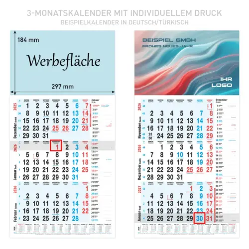 3-Monatskalender für das Jahr 2026 mit Werbedruck - Kalender in zwei Varianten: Deutsch-Englisch oder Deutsch-Türkisch